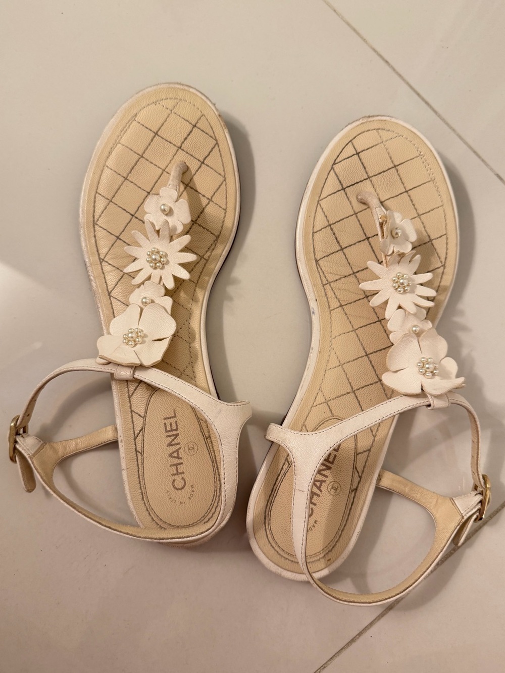 CHANEL White Floral T-Strap Sandals with Pearl Accents